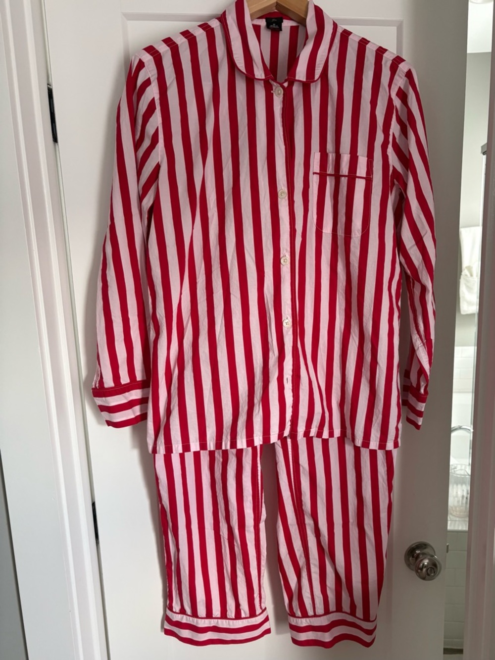 J Crew Women's Red and White Stripe Pajama Set - Classic Button-Up